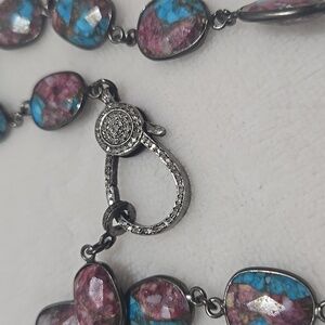 Kingman Dahlia Turquoise Sterling Silver Bezel Necklace With Diamonds